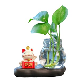 创意福气招财猫树脂水培装饰品办公室电脑桌氛围布置超迷你小花瓶