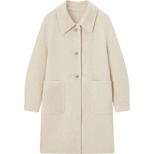 爱居兔全羊毛双面呢大衣女冬季新款温柔米色时尚中长款外套