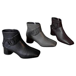 2025冬季新款短靴女粗跟时尚气质复古方头冬季加绒大码女鞋时装靴