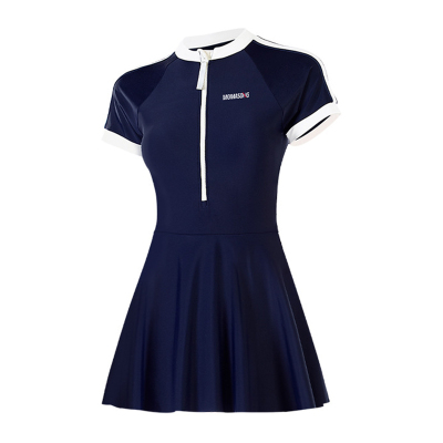 裙式连体平角泳衣女短袖保守显瘦