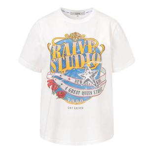 [明星同款]RAIVE音浪T恤2026春季复古玫瑰印花韩系女宽松短袖