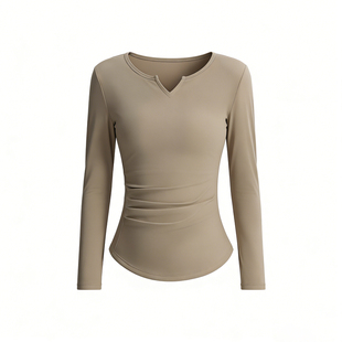 修身长袖瑜伽服女速干显瘦V领运动上衣透气舒适简约基础款健身T恤