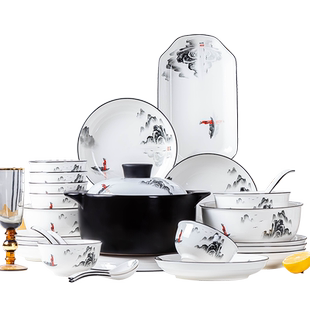 碗碟套装家用中式简约2024新款景德镇陶瓷釉下彩餐具碗盘乔迁礼盒
