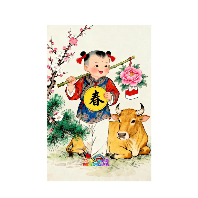 小孩放牛图春天唯美意境桃花朵朵开贴画玄关客厅卧室床头装饰贴纸
