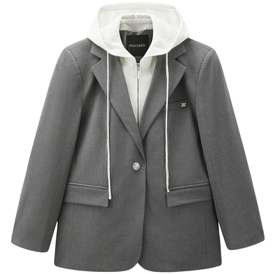 太平鸟女装2024年秋季新款灰色假两件拼接西装通勤外套A1BAE3385