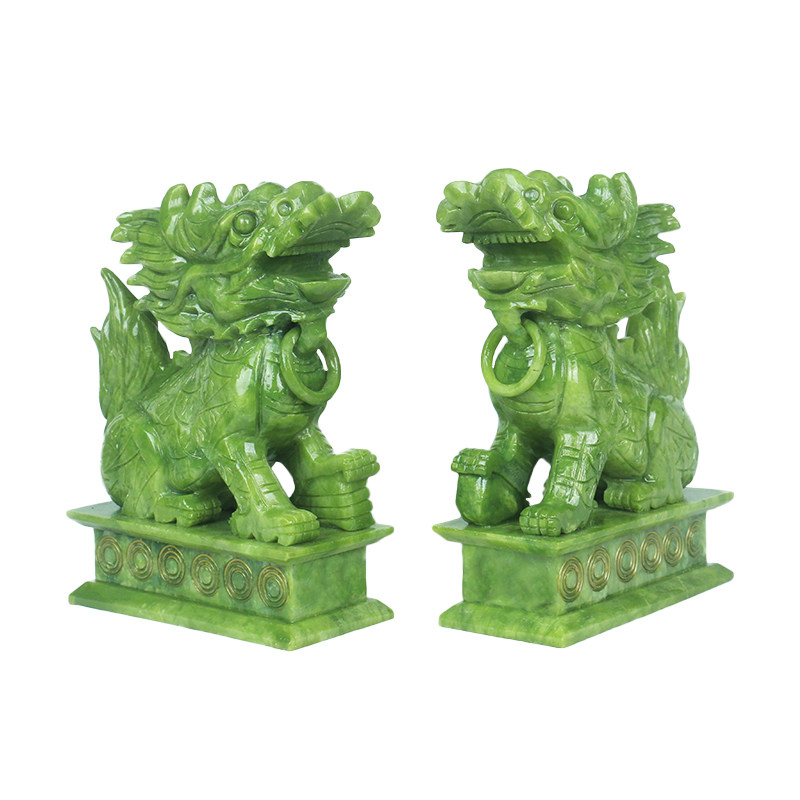 天然一对玉石麒麟家居进宅装饰品