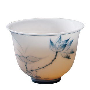 棉小城高温雪白瓷手工彩绘茶杯美人杯荷花功夫茶具家用会客品茗杯