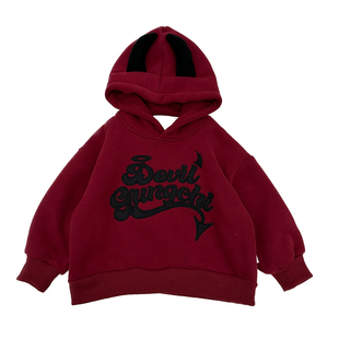 儿童秋冬加绒加厚卫衣2024新款时髦羊驼绒红色连帽衫男童保暖上衣