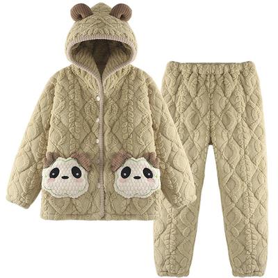 睡衣女秋冬季珊瑚绒三层夹棉加厚