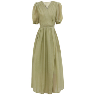 曼妙清歌!天丝垂感透气法式名媛连衣裙V领短袖大摆度假长裙 016