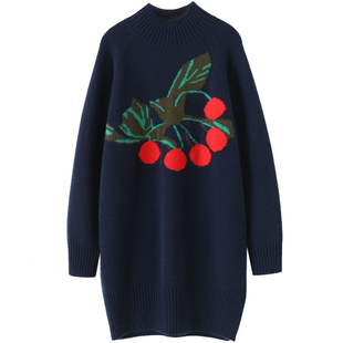 缤纷度日!大克重加厚樱桃提花半高领羊绒衫女中长款羊绒连衣裙