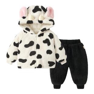 咔咔熊猫儿童加绒家居服套装秋冬加厚睡衣男童女童冬装宝宝两件套