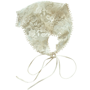 白色蕾丝包头头巾三角巾法式海边饰品甜美钩花可爱绑发发带潮