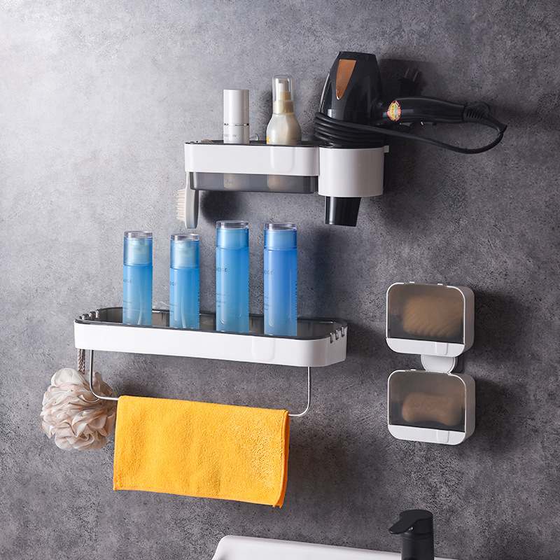 新品 免打孔浴室置物架 厕所吹风机架毛巾架 卫生间壁挂纸巾盒肥