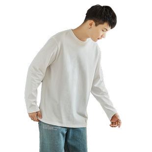 唐狮春秋新款纯色长袖T恤男士衣服潮流白色圆领内搭打底衫C