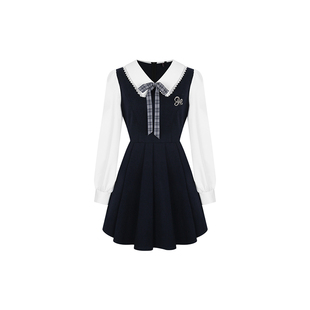 安妮不火 学院风TR面料娃娃领百褶连衣裙女微胖大码收腰公主短裙