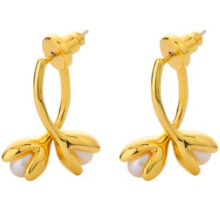 新款k金色花苞珍珠耳环女气质时尚后挂式耳钉设计925纯银针耳饰品