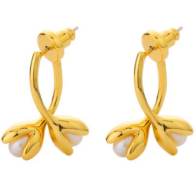 新款k金色花苞珍珠耳环女气质时尚后挂式耳钉设计925纯银针耳饰品