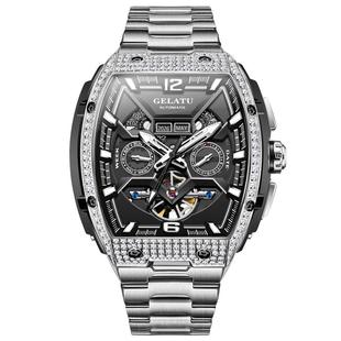 格拉图名表品牌正品酒桶型多功能钢带手表男士机械表夜光男款腕表