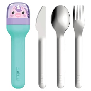 zoku儿童刀叉勺三件套叉子勺子卡通收纳盒便携随行不锈钢餐具套装