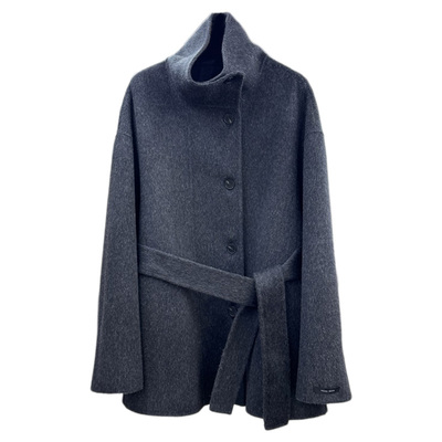 混深灰立领双面羊毛大衣女短款小个子秋冬新款单排扣简约毛呢外套