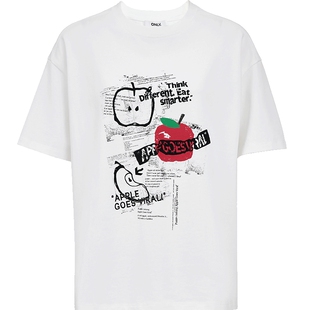 ONLY2026春季新款复古手绘苹果印花罗纹领口宽松落肩纯棉T恤女