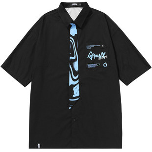 GENANX闪电潮牌短衬衫夏季可拆纽扣领带国潮贴布短袖官俊臣同款