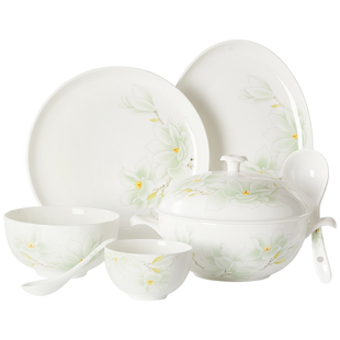 华光国瓷淄博高档骨瓷餐具碗碟套装家用组合中式抗菌釉中彩白玉兰