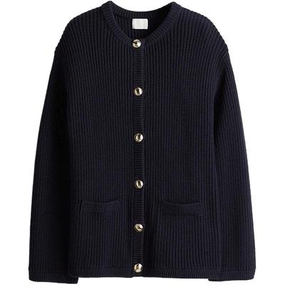 HM女装毛针织衫冬季圆领休闲宽松长袖中长款开衫1242243