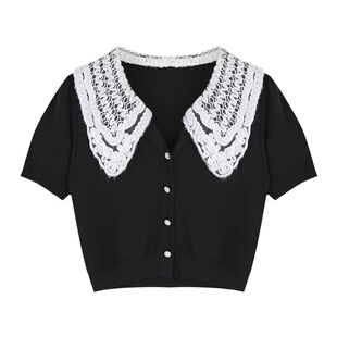 大于诗集法式甜美V领冰麻针织衫T恤女薄款蕾丝娃娃翻领短款上衣夏