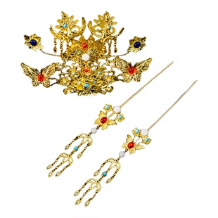 汉服新款头饰金色凤钗步摇发钗发饰套装唐代发冠手工头饰仕女图冠