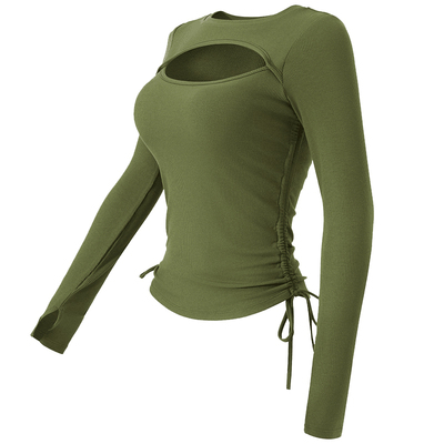 健身女孩抽绳镂空带胸垫瑜伽长袖