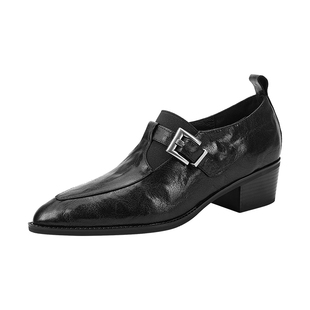 星期六真皮单鞋复古风尖头小皮鞋女春粗跟英伦风中跟金属扣乐福鞋