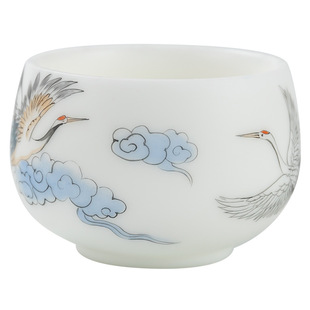 冰种玉瓷瑞鹤呈祥茶杯高端男女通用喝茶禅定杯中式功夫茶具单杯