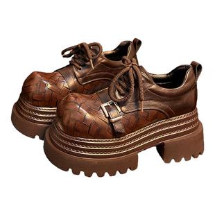 复古真皮松糕厚底小皮鞋女英伦风圆头德比鞋小个子增高加绒乐福鞋