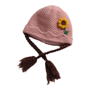 女宝帽子冬季公主假发辫子毛线套头帽3-6-12月女童婴儿宝宝帽子