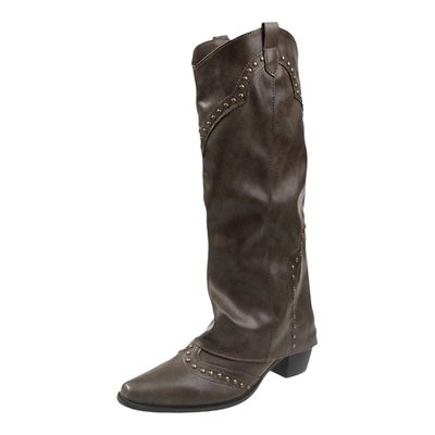 复古铆钉高筒裤管靴法式女筒靴