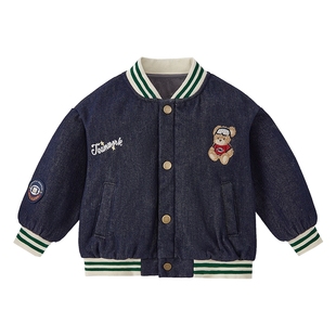 [抗菌远红外]儿童牛仔外套男童秋冬时尚撞色加绒棒球服男宝宝衣服
