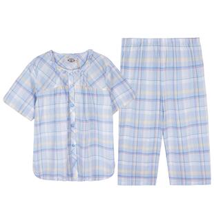 美标女士纯棉睡衣夏短袖宽松梭织纱布格子家居服