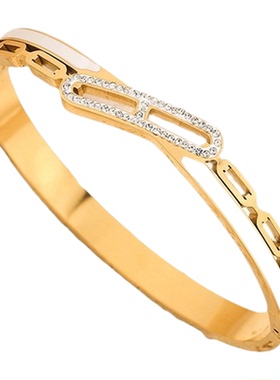 钛钢镶钻白贝母开口手镯女轻奢