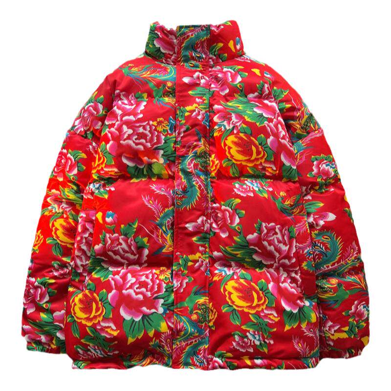 东北大花羽绒服男秋冬季情侣大码棉牡丹花网红羽绒棉服外套