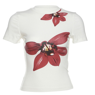 怪诞女孩 茉莉亚海岛度假风花卉印花短袖T恤红色包臀半身裙两件套