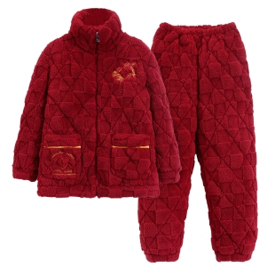 珊瑚绒夹棉睡衣女冬季新婚喜庆大红色三层超厚保暖拉链男款家居服