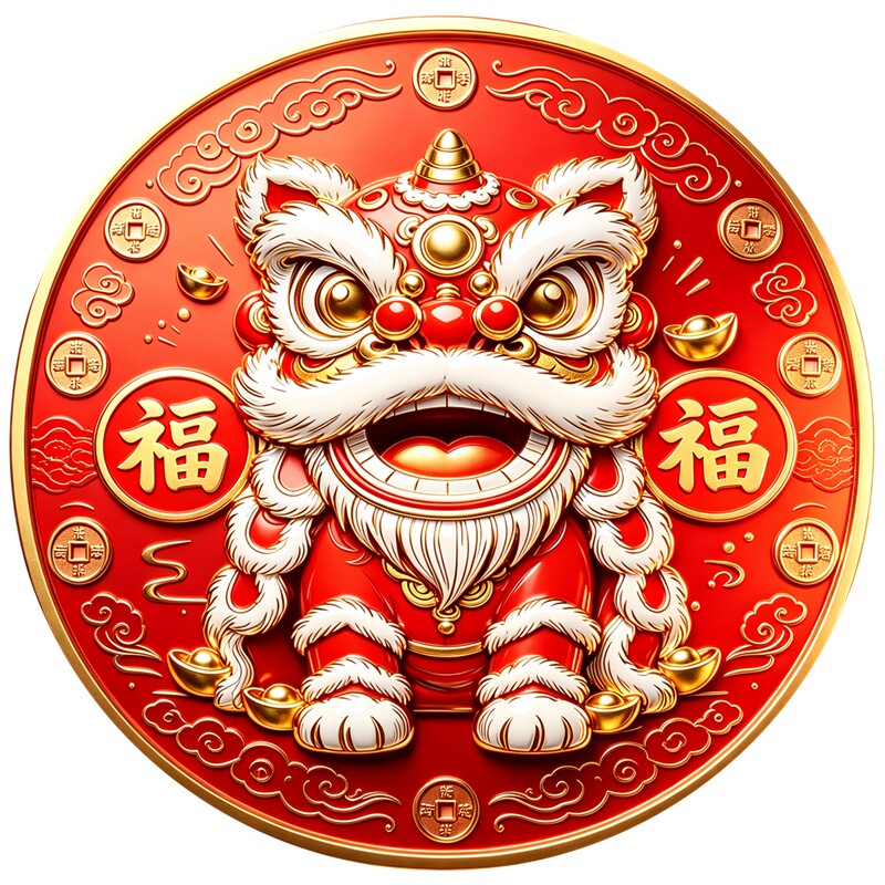 舞狮招财纳福墙贴装饰贴画双福字传统瑞兽纹样行李箱喜庆防水贴饰