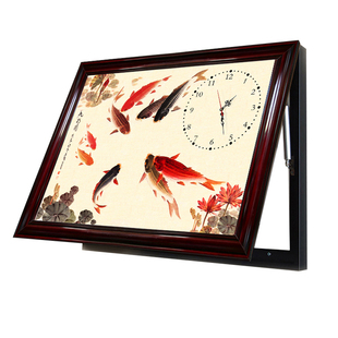 电表箱装饰画带钟表新中式实木配电箱免打孔液压上翻中国画遮挡画