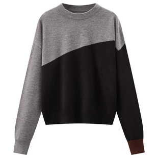 库恩玛维别致拼接长袖毛衣女2024年秋季新款现钞设计感宽松针织衫