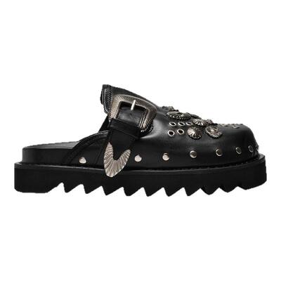 Toga Pulla Toga Pulla 黑色皮质饰有银色装饰露跟厚底平底鞋凉鞋