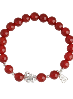 天然玛瑙招财喜乐吊牌手串本命年生肖马红色手饰送礼男女S925银