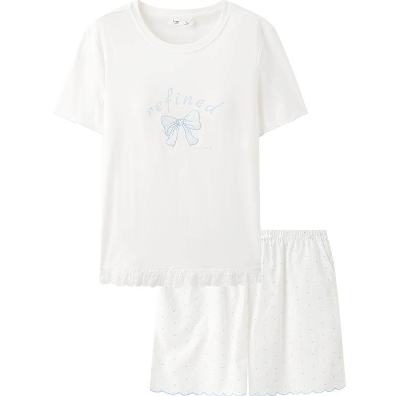 三福女夏季波点圆领睡衣套装 甜系蝴蝶结短袖短裤家居服517958