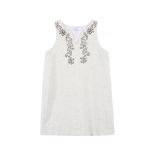 Maven Lin 重工刺绣V领100%亚麻连衣裙女复古宽松显瘦无袖背心裙